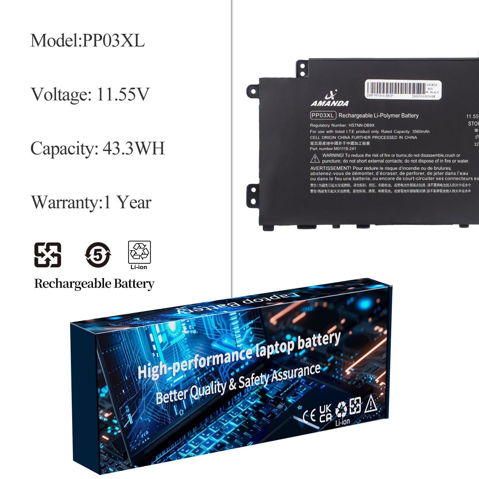 Amazon.com: A AMANDA M01118-421 PP03XL PV03XL Laptop Battery for